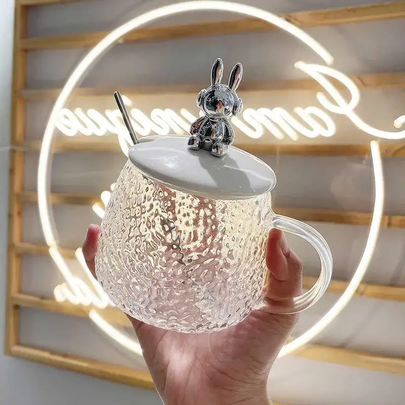 Стеклянная кружка с милым медведем крышкой и ложкой термостойкая стеклянная