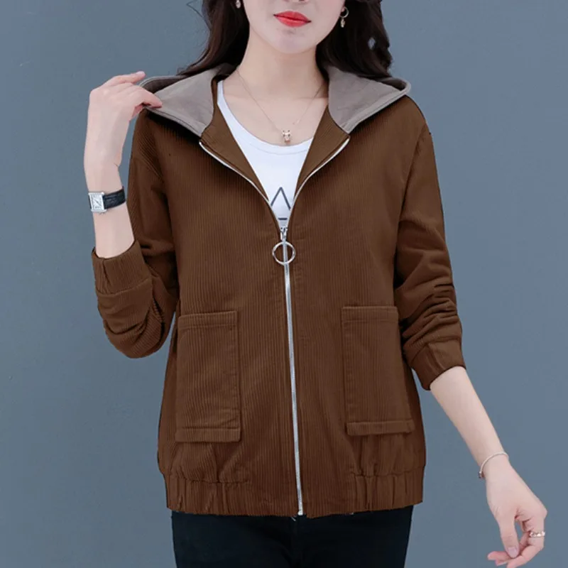 

Corduroy Jacket Hooded Short Coat Women 2022 New Spring Autumn Fashion Tops Long Sleeves Slim Outerwear Female Wild Clothes T004