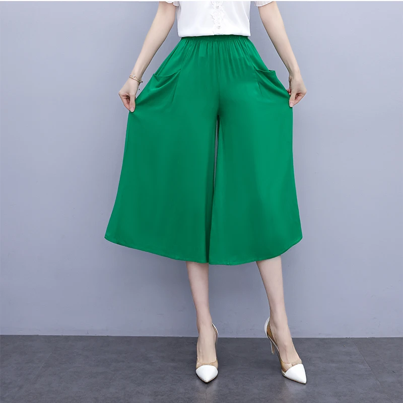

Women's Loose Three Quarter Pants Solid Summer Ladies Wide Leg Pant Elastic Waist Elegant Pockets Casual Pant for Female 2022