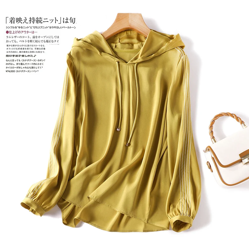 

Женские рубашки из 91% натурального шелка, топы с длинным рукавом, женские роскошные высококачественные весенние повседневные Однотонные бл...