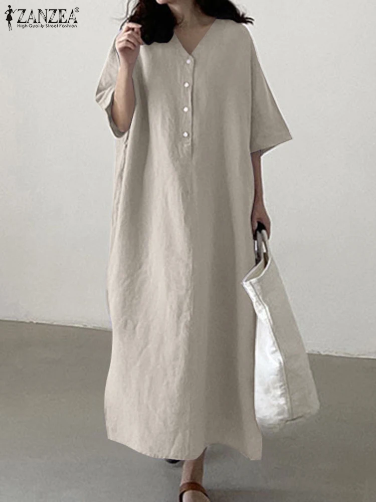 

Women Solid Maxi Dresses 2022 Summer Short Sleeve Long Dress ZANZEA Casual Cotton Baggy Robes Oversized V Neck Holiday Vestidos