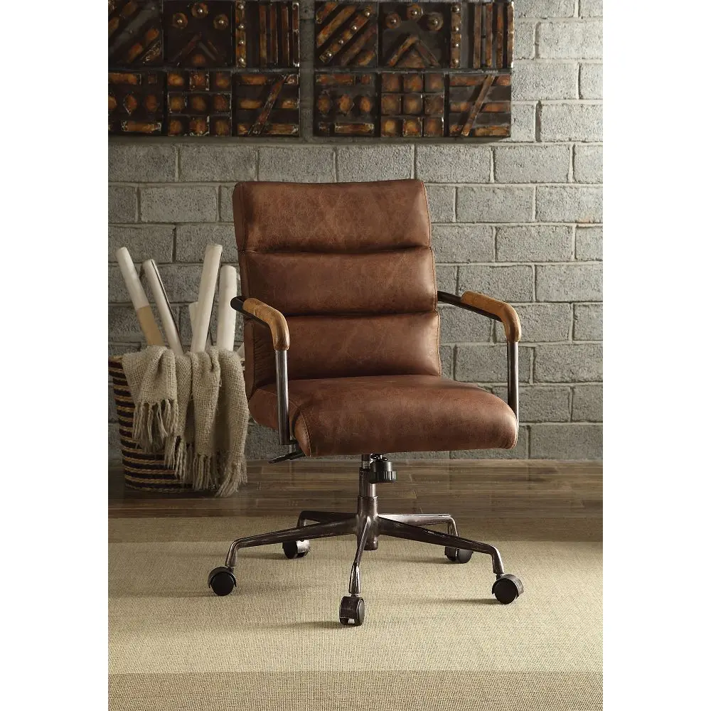 In Retro Brown / Antique Slate Top Grain Leather Swivel Seat With Adjustable Height[us-w]
