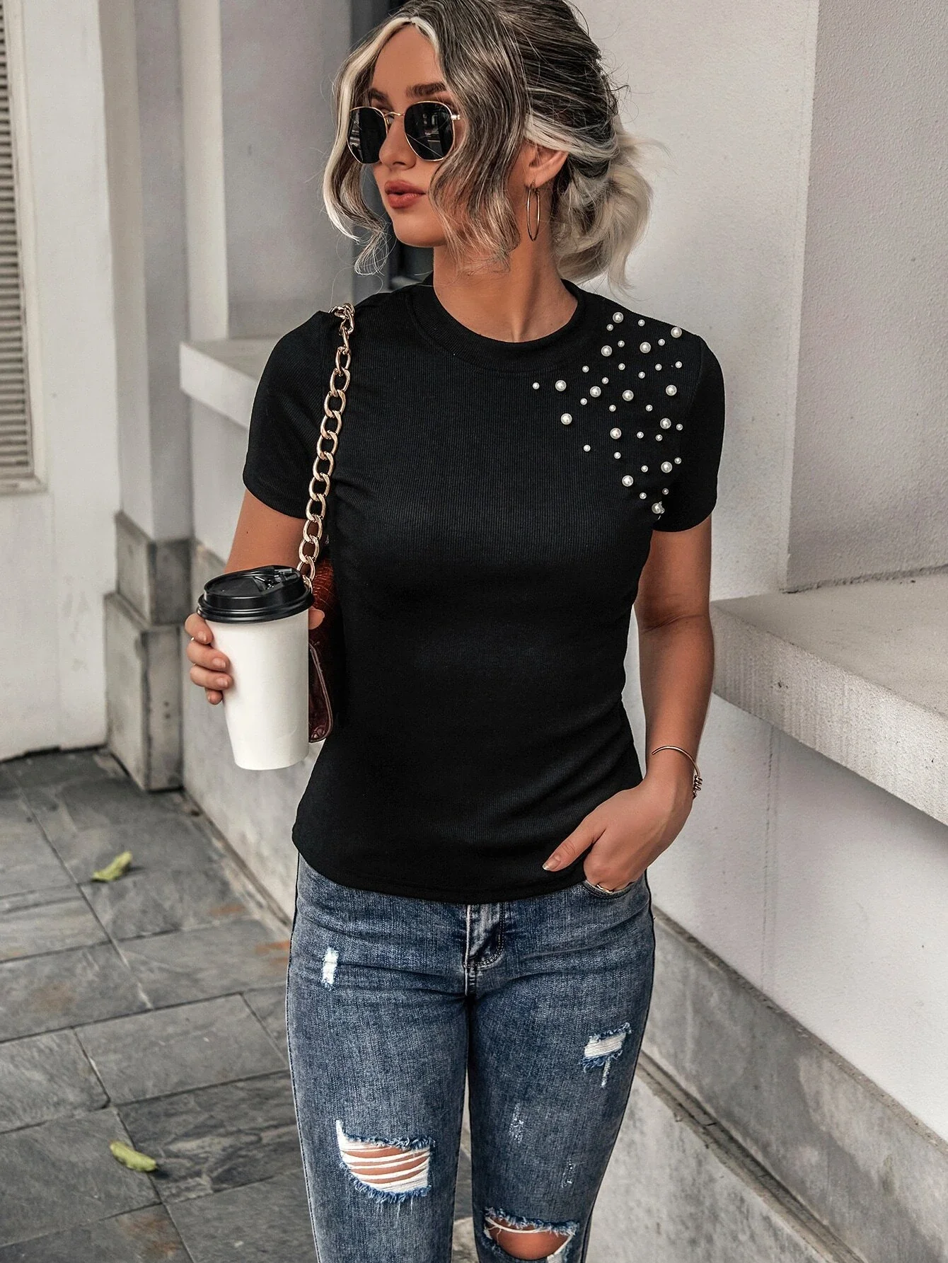 

Pearls Beaded Rib-knit Round Neck Tee
