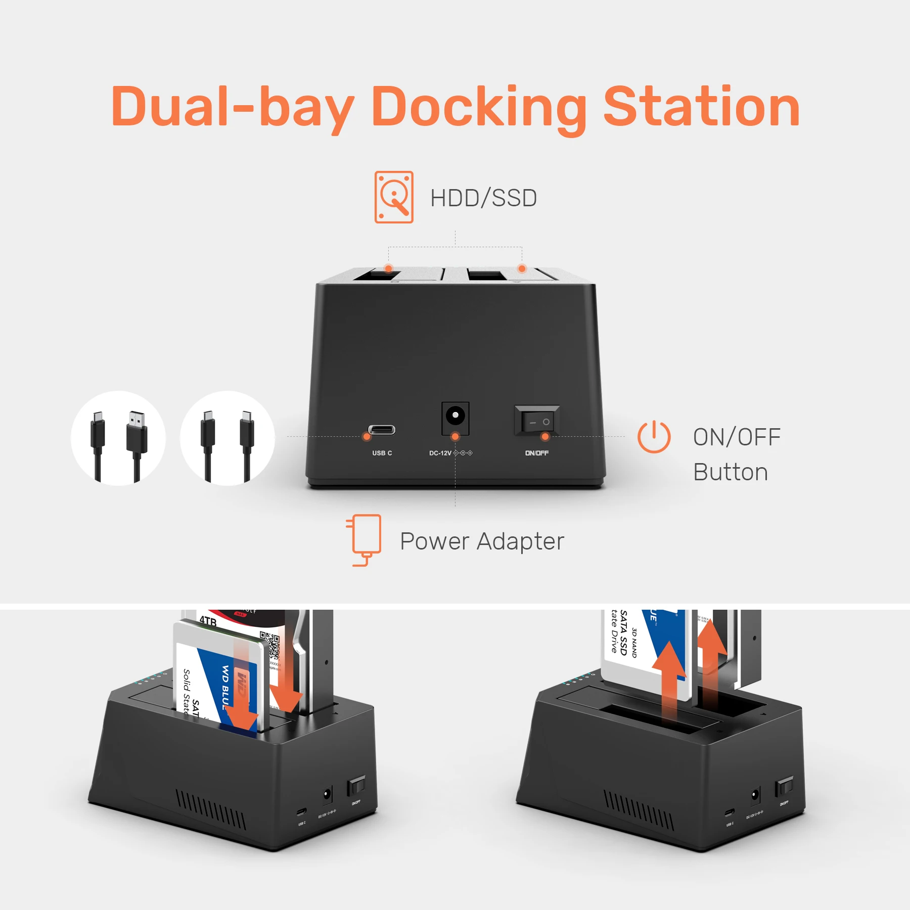 Фото Док-станция для жесткого диска SATA с двумя отсеками, USB C 3.0 на 2,5/3,5-дюймовый HDD SSD-адаптер с автономным клонированием для Windows macOS Linux №5