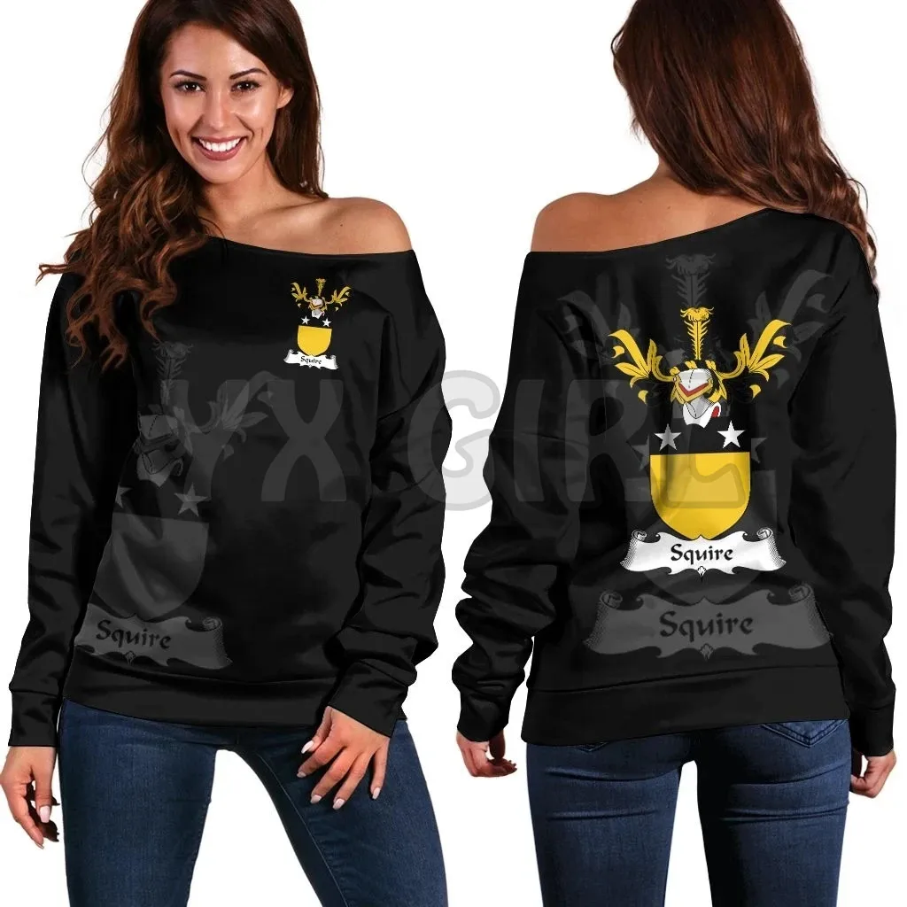 YX GIRL Squire Family Crest Women's Off Shoulder Sweater  3D Printed Novelty Women Casual Long Sleeve Sweater Pullover