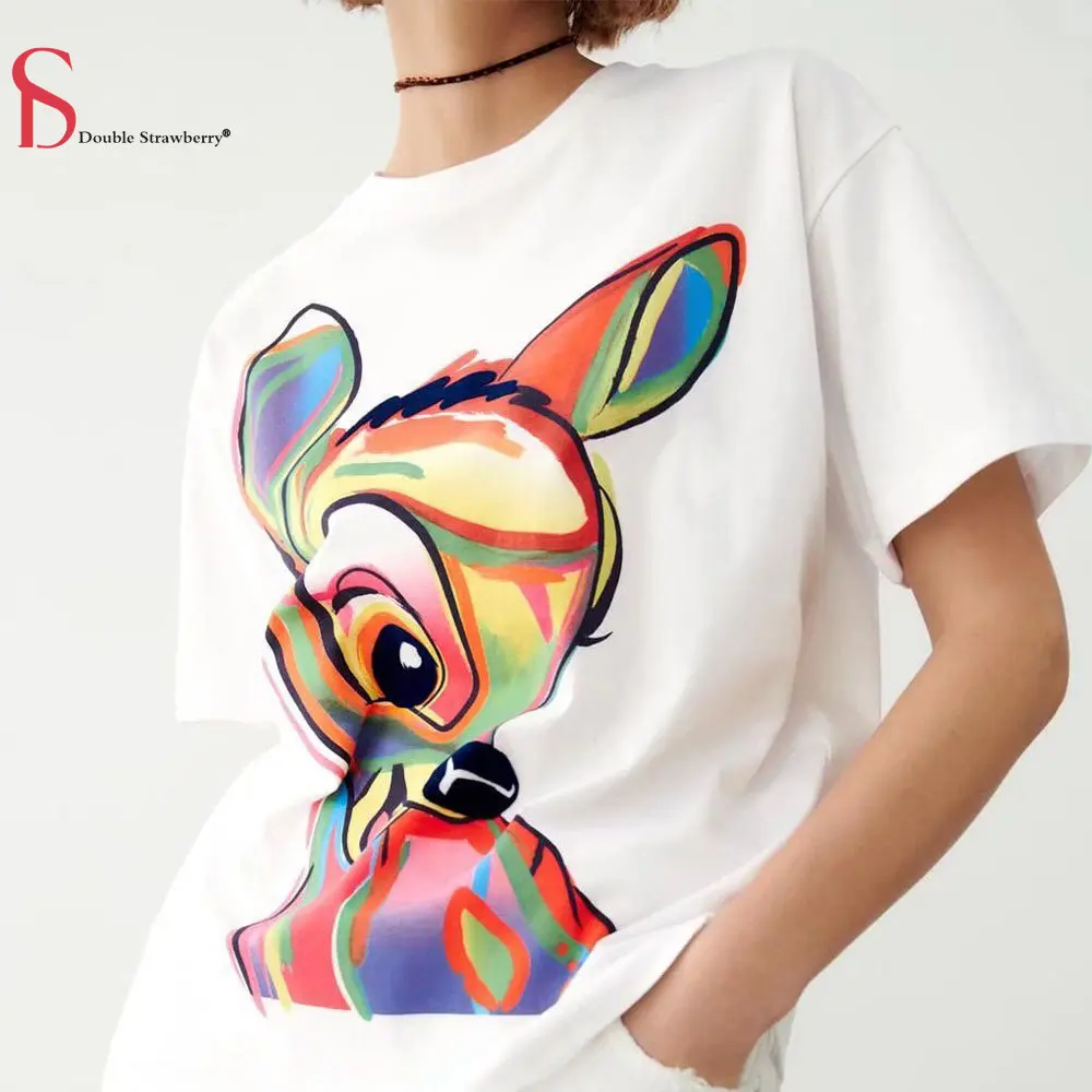 

Summer New Women's Cotton Short Sleeve Sweet Beauty Dress Fawn Print Streetwear T-shirt Tops