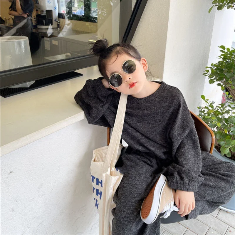 Girls Suit Sweatshirts +Pants Cotton 2Pcs/Sets 2022 Grey Spring Autumn Thicken Comfortable Suits Sets Kid Baby Children Clothing