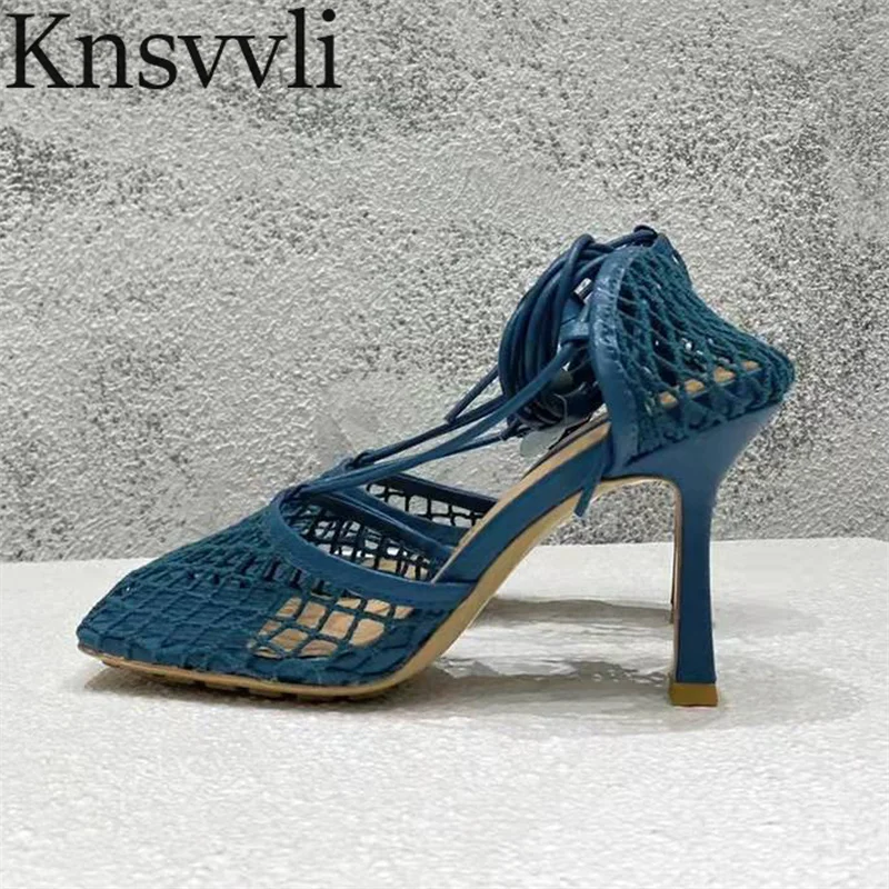

Fashion Pumps Shoes Women Mesh Cloth Style Thin Heels Mules Shoes Female Summer Square Toe Ankle Strap Sandals Women 35-41