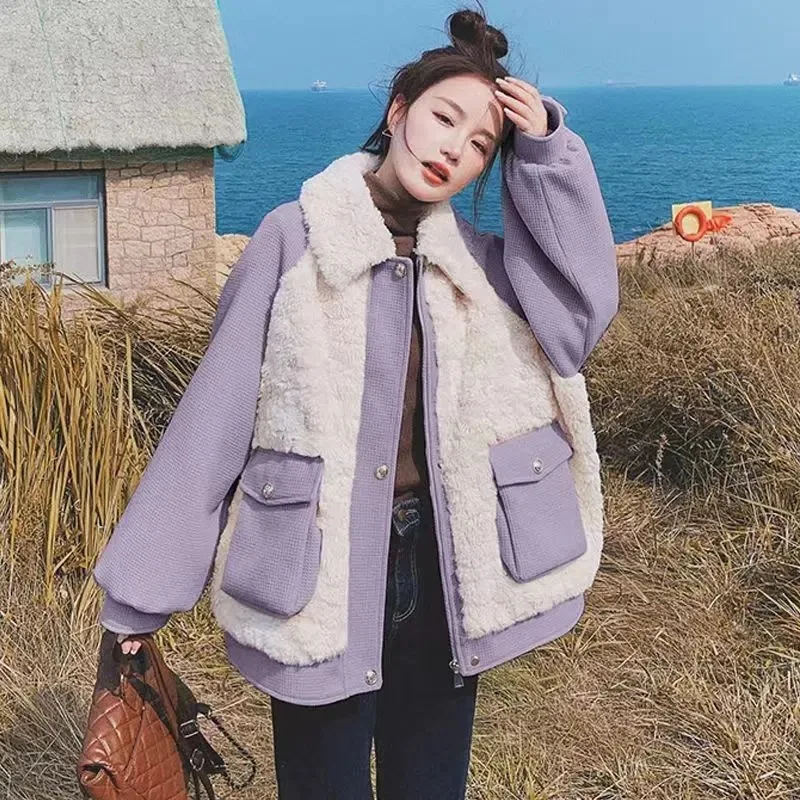 Autumn and Winter New Lambswool Splicing Jacket Female Design Sense Niche Tops Female Large Size Loose Cotton Jacket