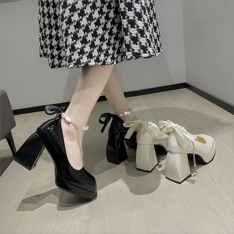 New Ladies High Heels Elegant Bow Square Toe Black High Heels Fashion Thick Heel Wedding Party Pearl Lace Wedding Shoe