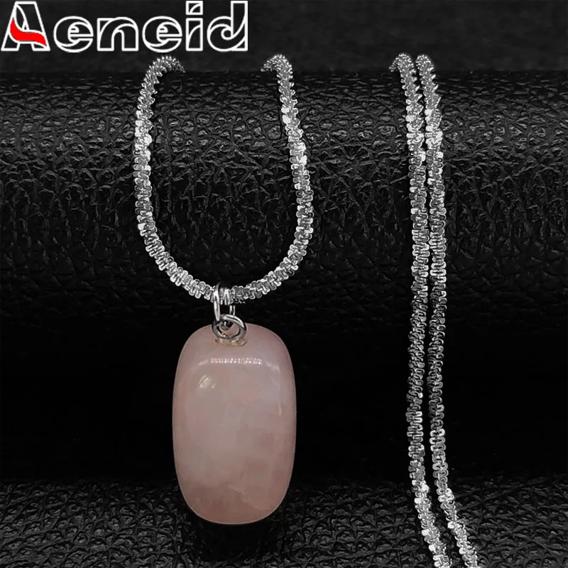 

Pink Crystal Pendant Necklace Geometric Stone Stainless Steel Sparkling Glitter Clavicle Chain Necklaces Reiki Healing Jewelry