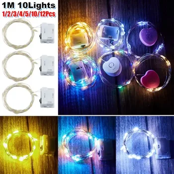 1/2/3/4/5/10/12 Pcs 1M Copper Wire LED String Lights Holiday Lighting Fairy Garland For Christmas Tree Wedding Party Decoration 1