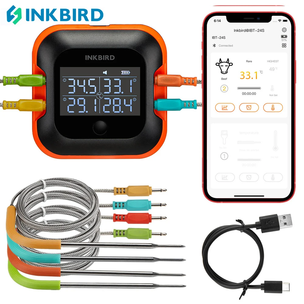 INKBIRD IBT-24S Digital BBQ Bluetooth Meat Thermometer With Smart App Monitor Support Temperature Alarms Ideal for Smoker Oven