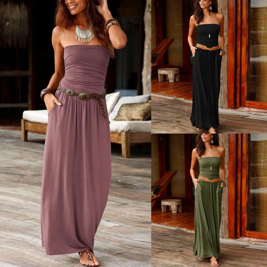 

Womens Bandeau Holiday Off Shoulder Long Dress Ladies Summer Solid Maxi Dress Women Summer Tunic Dress V Neck Casual Loose