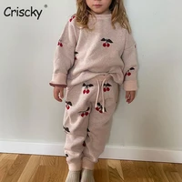 criscky children clothes girl fashion long sleeve sweater sets knit cherry elastic pants cute children clothing for girls warm