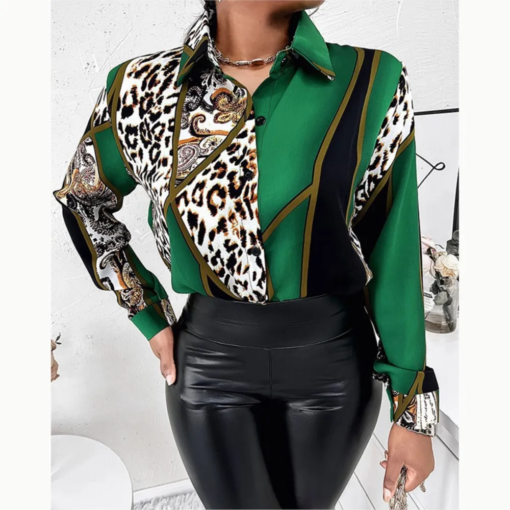 

Spring Autumn Women's Shirt New Korean Retro Loose Contrast Color Leopard Chiffon Blouse Commuter Long Sleeve Tops Women Blouse