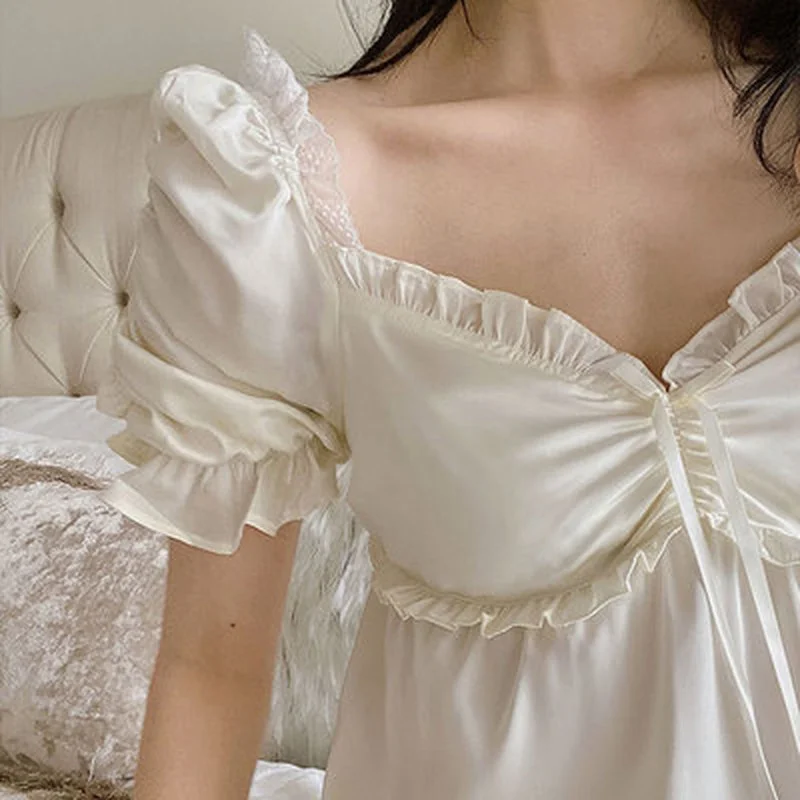 Ночная рубашка в стиле принцессы Женская Летняя шелковая винтажная ночная для