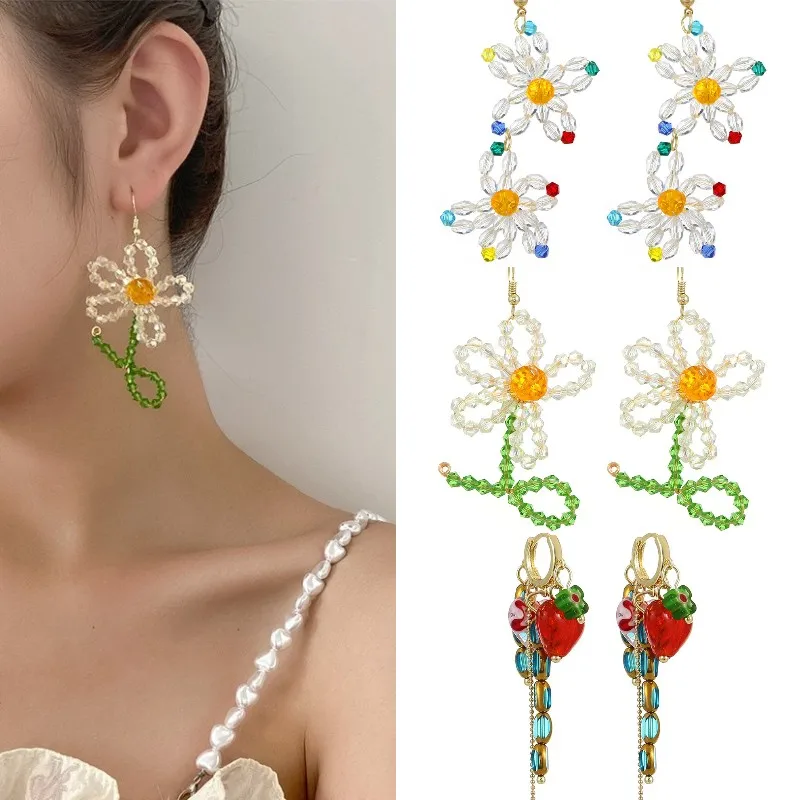 

Exaggerated Crystal Yellow Flower Earrings for Women Korean Handmade Beaded Tassel Dangle Drop Earring Jewelry Pendientes