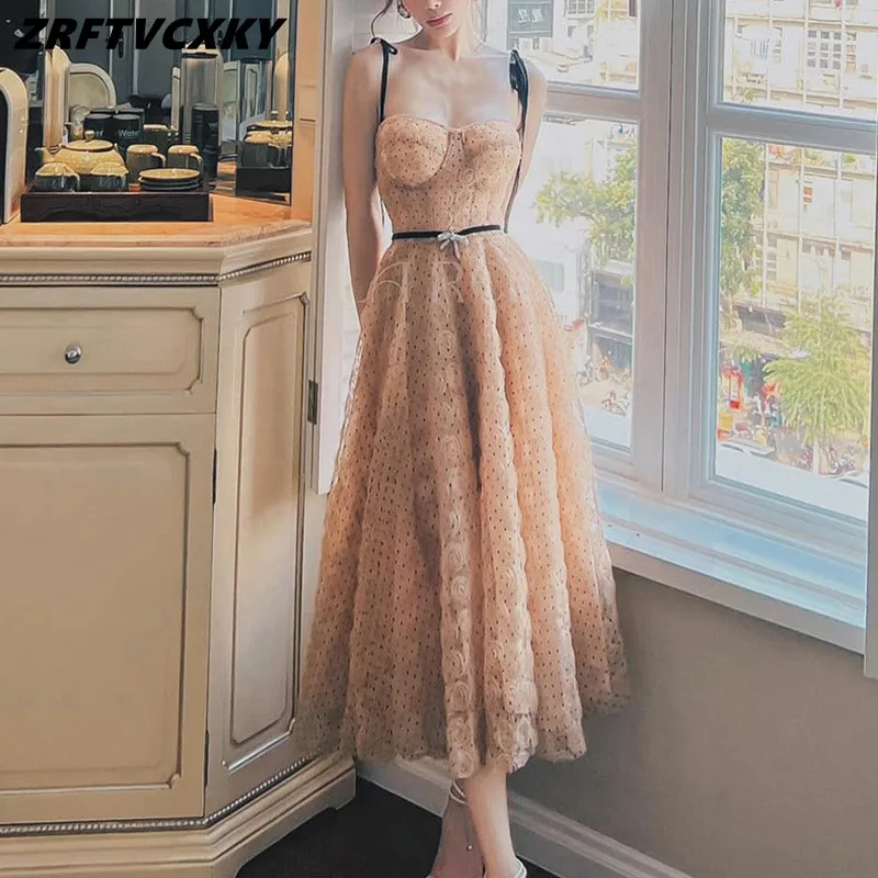 

Vintage Dot Print Spaghetti Straps Dresses Women Sexy Strapless 2023 Female Summer Sleeveless Evening Party A-Line Midi Dress
