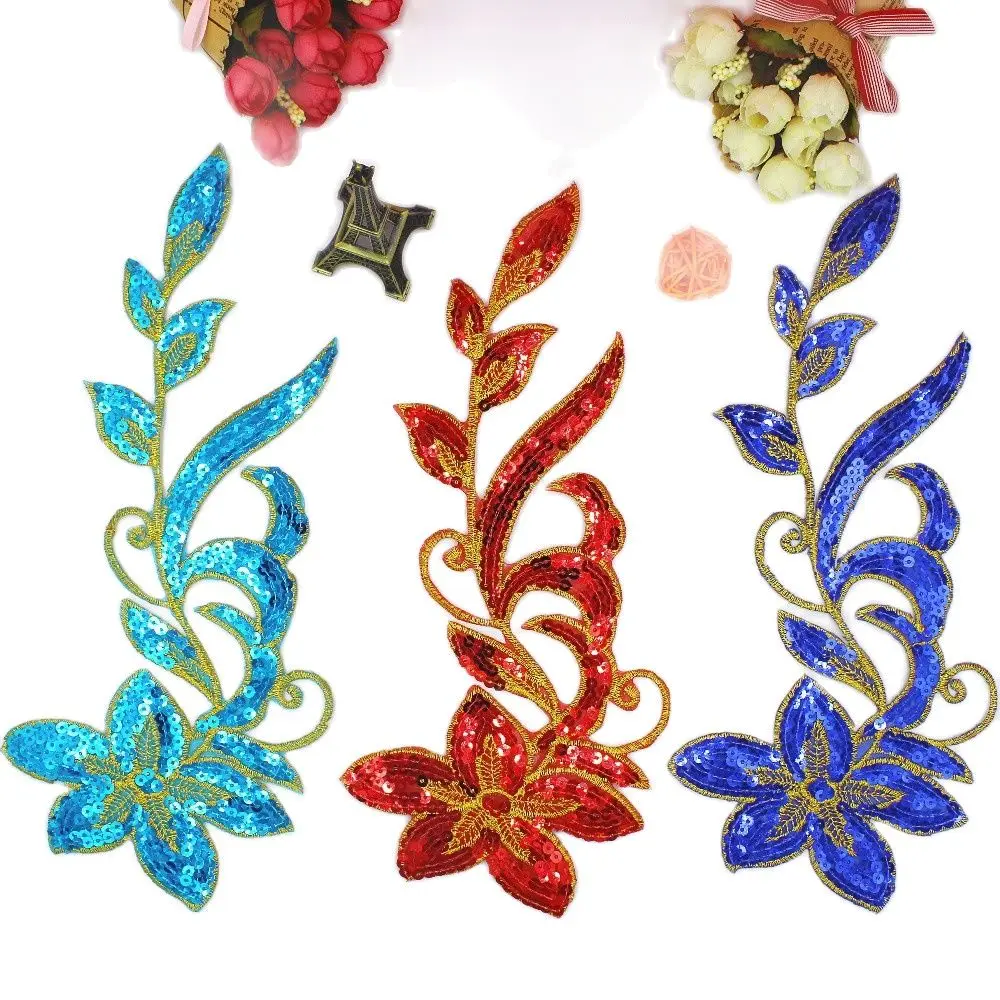 

2 Pcs Iron On Patches Mirror Pair Flower Sequined Appliques Trims Hologram Diy Dance Accessories 12.5*31cm
