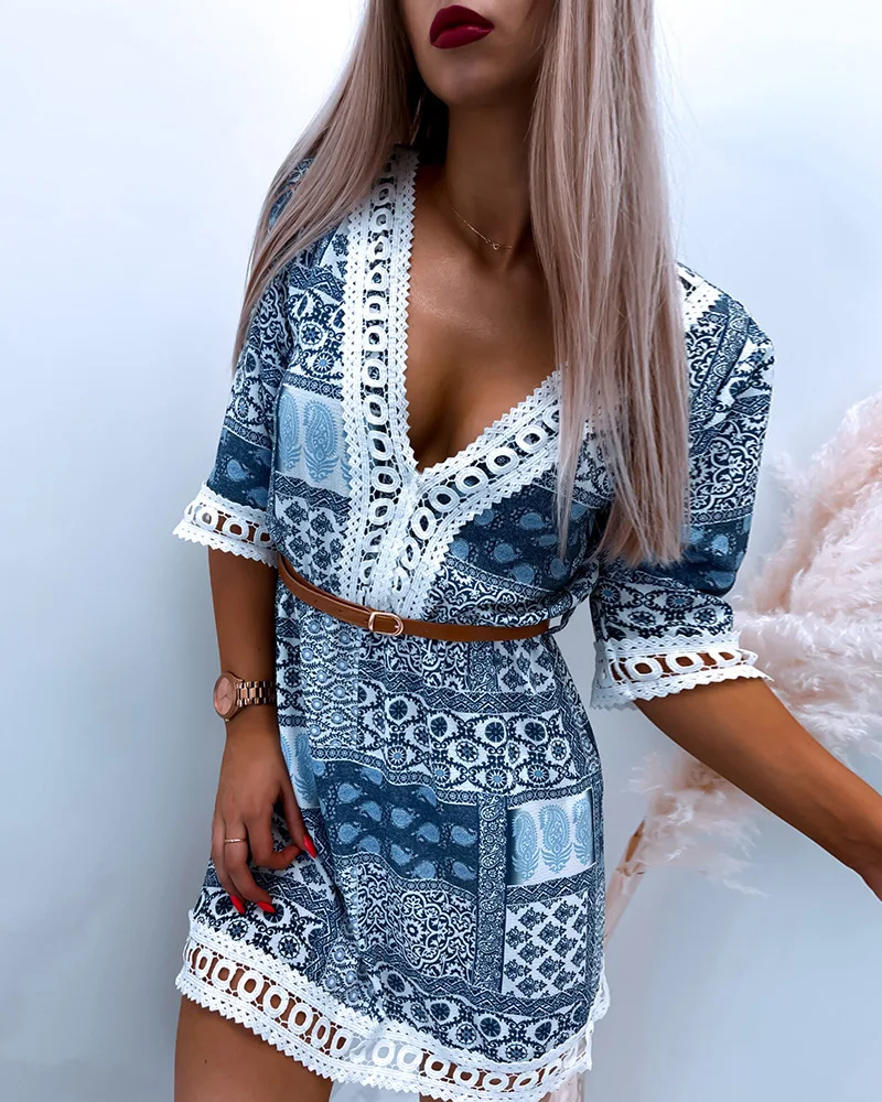 

Платье-миди женское с V-образным вырезом, винтажным принтом и рукавом до локтя