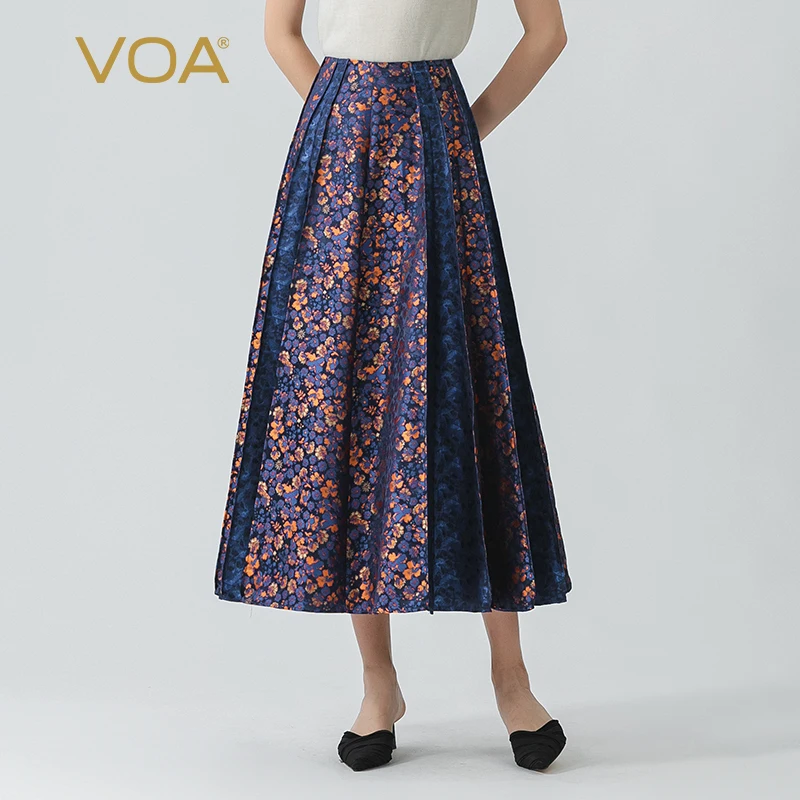 

VOA 34 Momme Yarn-dyed Jacquard Mulberry Silk Flower Fall Red Dust Natural Waist Hit Material Stitching Pleated Silk Skirt CE180