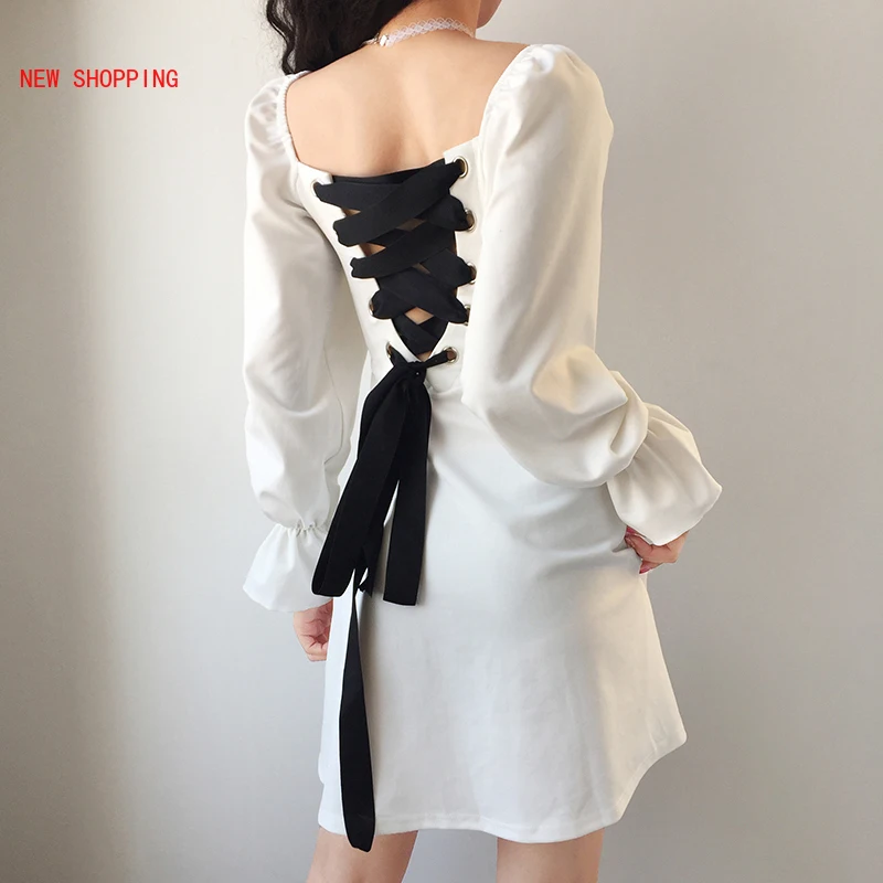 

Sexy Backless Lace Up Square Collar Elegant Club Party Dress Women Retro Long Flare Sleeve Midi Dresses Xmas Vestidos Bandage