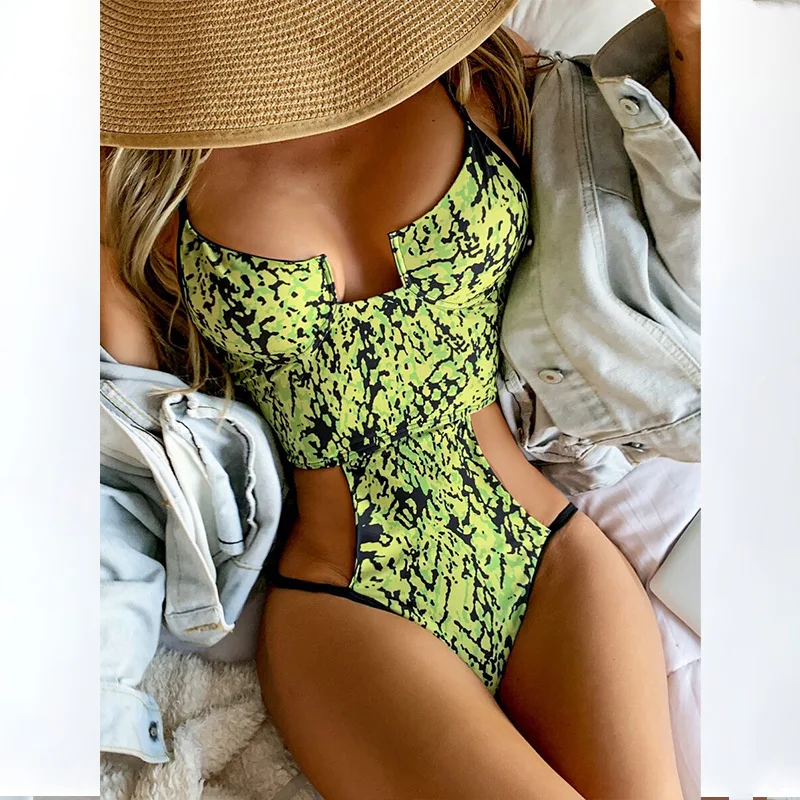 

Sexy Push Up Underwire Swimwear Women Green Snake Print Hollow Out Backless One Piece Swimsuit Beach Bathing Suit Monokini