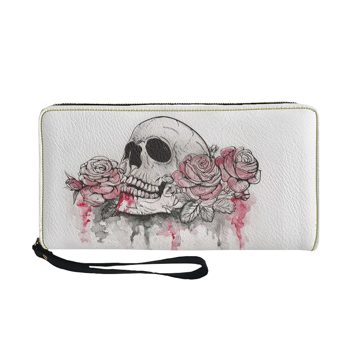 Women Muilt-function Card Bags Clutch Wallets Skull Rose Pink Print Long Leather Mini Fun Purse Card carteras para mujer