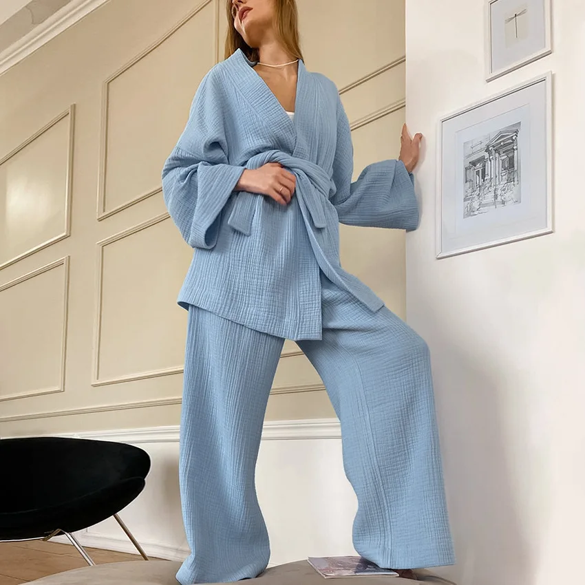 2023 Autumn Underwear Long sleeved Loose Pants Crepe Women's Solid Color Nightgown Home Steaming Clothes Women