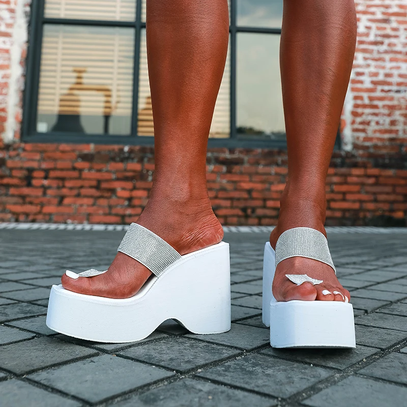 Wedges Square Toe Platform Rhinestone Women's Slippers Size 35-43 Summer Gladiator Women Shoes Flip Flops High Heels Slides Sexy