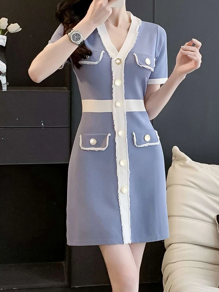 

Женская трикотажная юбка, облегающее платье с коротким рукавом и V-образным вырезом, в стиле колор-блок, лето 2023