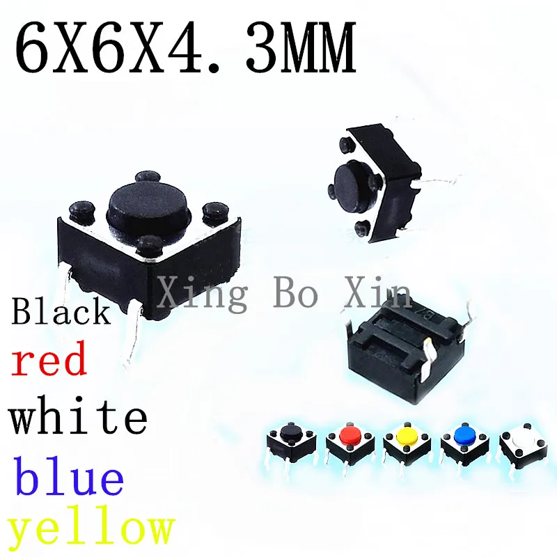 

1000pcs 6x6x4.3mm 4Pin DIP Micro Tact Switch Tactile Push Button Switch 6*6*4.3H Black red white blue yellow 6*6*4.3mm 6x6x4.3h