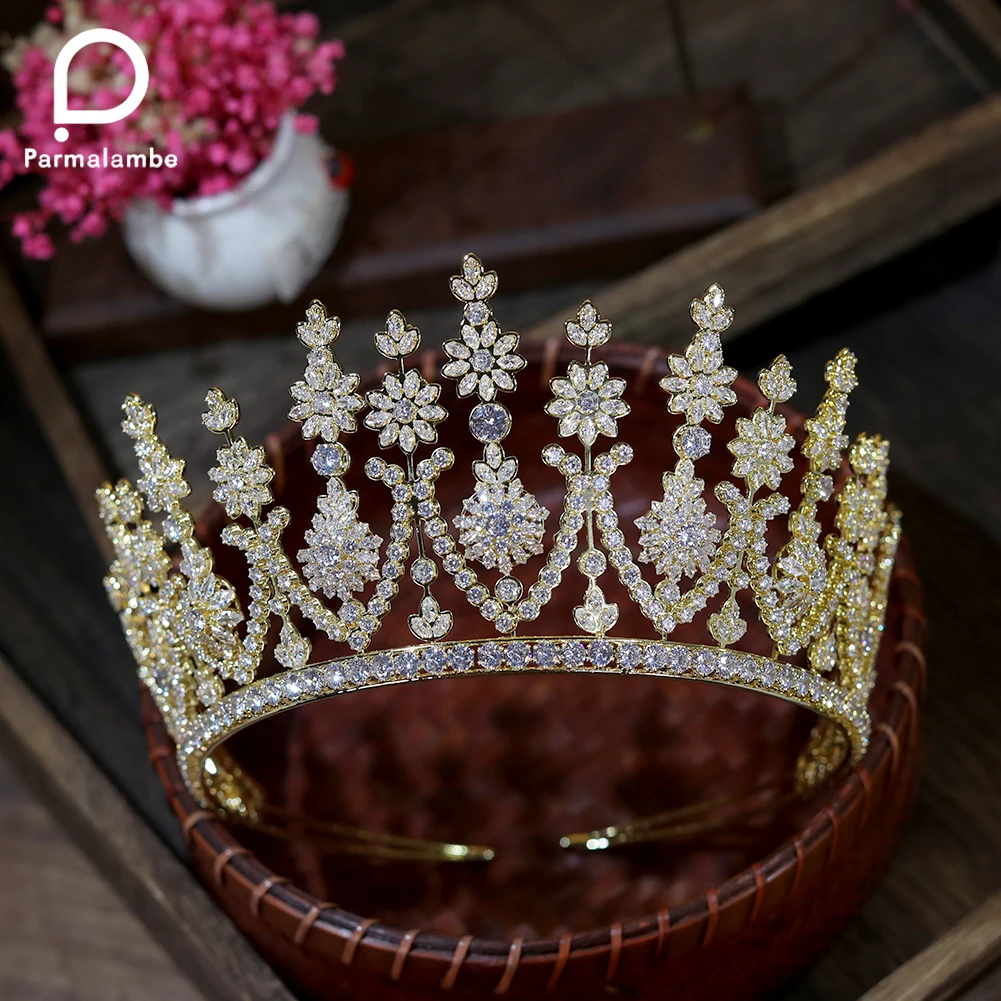 Parmalambe Роскошная золотая большая корона для невесты Свадебные аксессуары для волос ювелирные изделия циркониевая тиара головные повязки с кристаллами для женщин PH0142