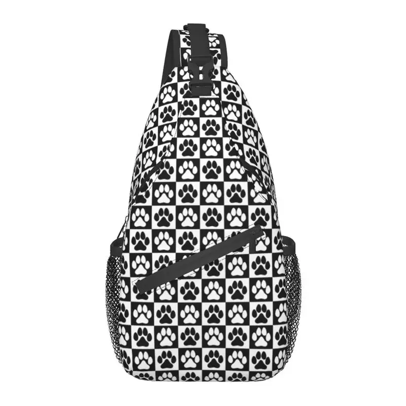 Cats Footprint Checkerboard Sling Bag Men Cool Black And White Checkered Shoulder Chest Crossbody Backpack Travel Hiking Daypack