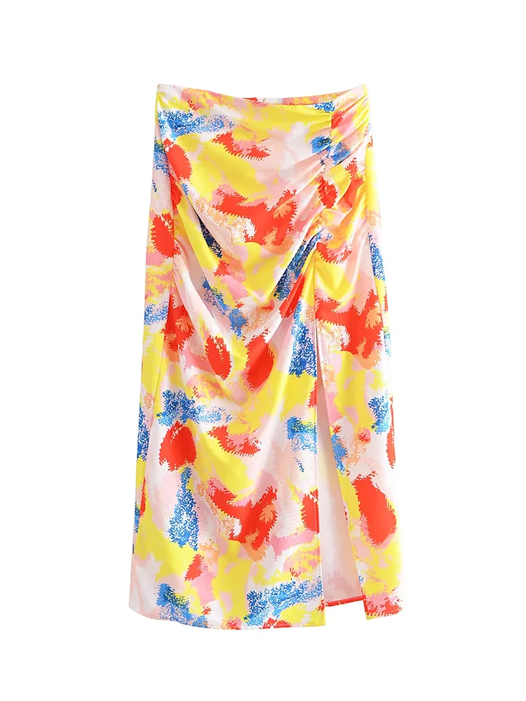 

Icclek Women's Skirt High-waisted Skirt Floral Oil Painting Printed Midi Skirt Split Pleated Vintage Summer Skirt Female Bottom