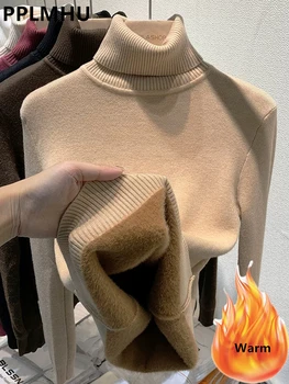 Turtleneck Winter Sweater Women Elegant Thicken Velvet Lined Warm Female Knitted Pullover Slim Tops Basic Knitwear Jumper New 1