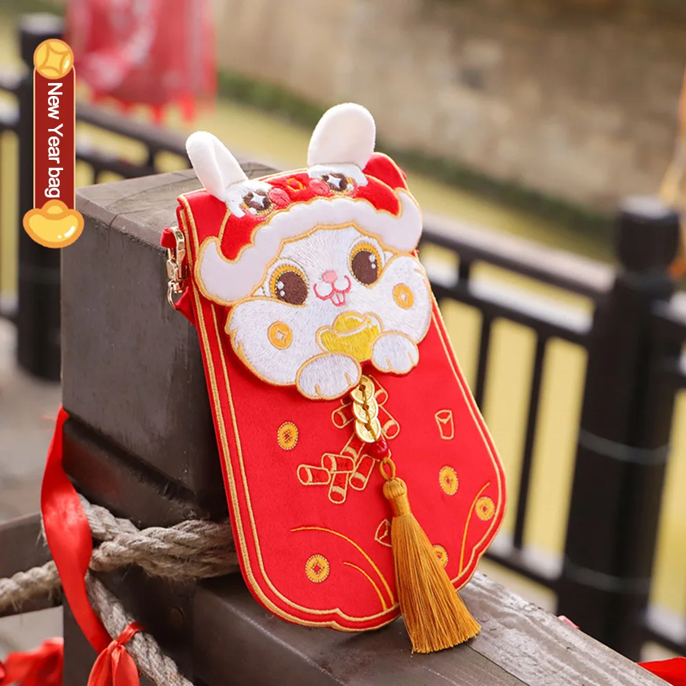 

Красный конверт с вышивкой в виде кролика на китайский новый год 2023, детский подарок, диагональные сумки через плечо, популярная сумка для с...