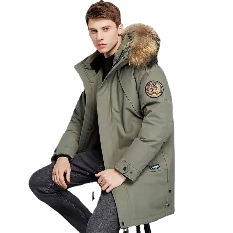 

Высокая-конец белый пуховик черный мужской средней длины Зима Новая утолщенная парка с капюшоном большой меховой воротник ветровка пальто армейский зеленый