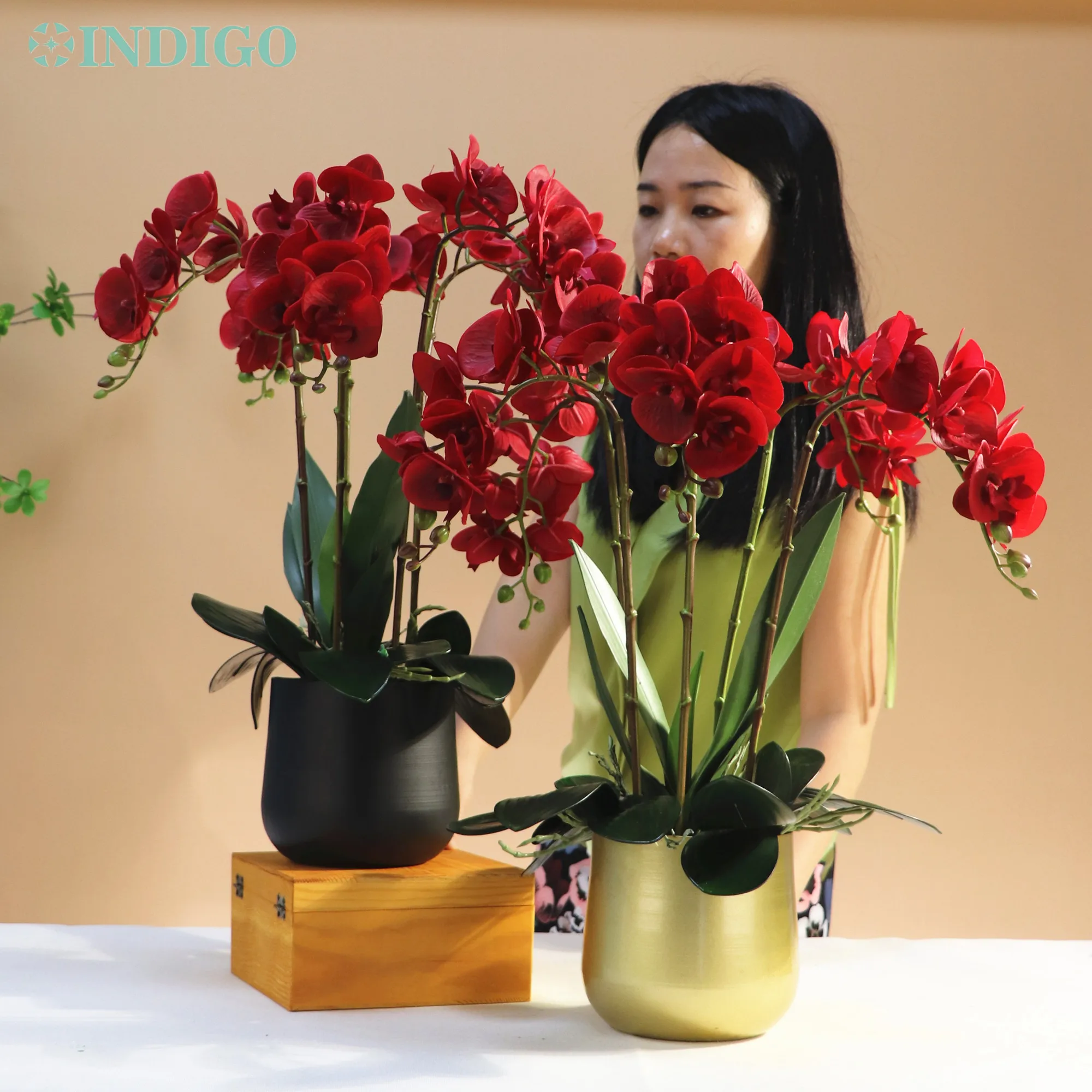 Red Orchid (3 Mins DIY) Flower Arrangment (5PCS Orchid+4PCS Leaf +Vase) 3D Real Touch Office Decoration Centerpiece - INDIGO