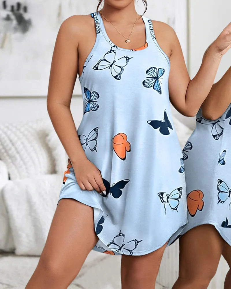 

Summer Casual Plus Size Women's Nightwear Fashion Sexy Comfortable Round Neck Butterfly Print Sleeveless Sleep Dress
