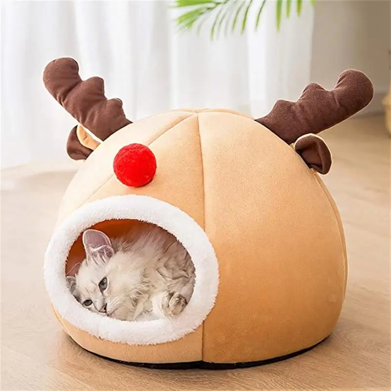 

Cat Bed House Cute Elk-shaped Kennel Nest Winter Warm Puppy Kitten Bed Cushion Comfortable Cat House Cave Christmas Pets Pad