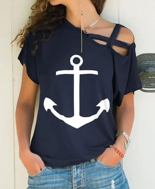 

Summer Woman Fashion X-strap Cold Shoulder Boat Anchor Print Casual Short Sleeve T-Shirt