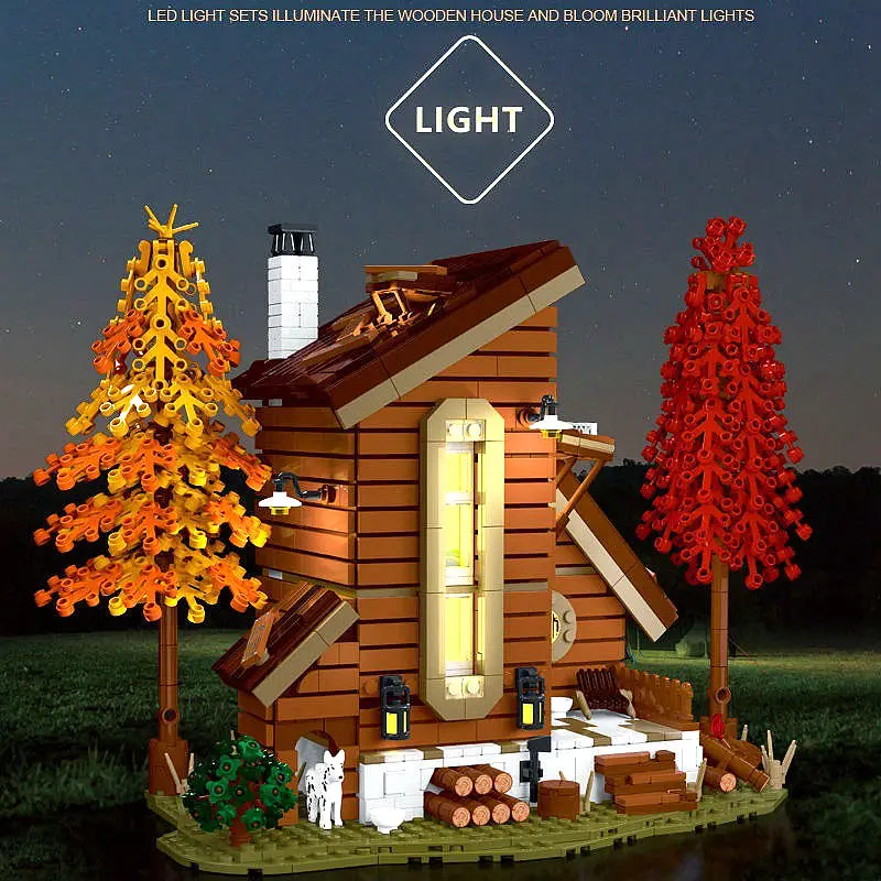 

2023 New 031073 Creative Expert Moc Ideas Light Forest Cabin Street View Modular House Model Building Blocks Toys Christmas Gift