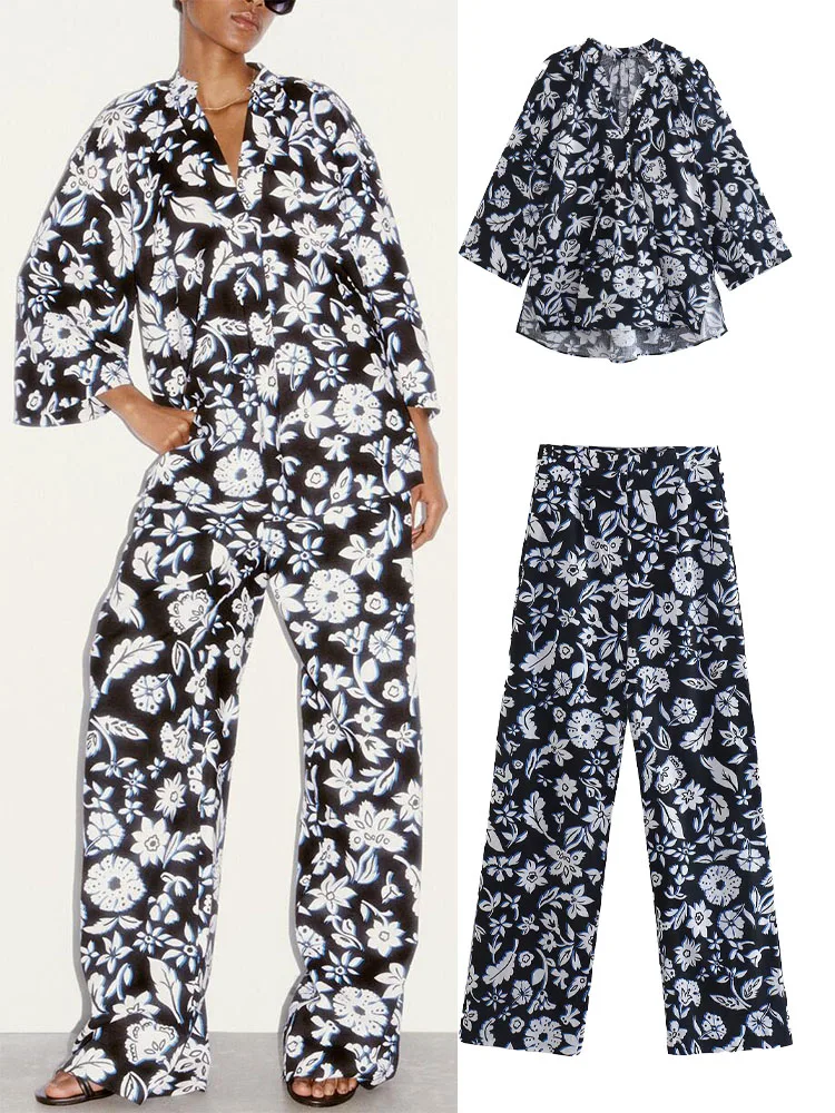 

Новая свободная блузка Zach AiIsa's в стиле ретро с V-образным вырезом и принтом + яркие универсальные прямые повседневные брюки с высокой талией ...