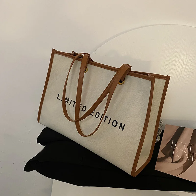 

Canvas Large Capacity Shopping Bag New Versatile Shoulder Bag Letter Printed Tote Bag Simple Fashion Solid Color Leather Handbag