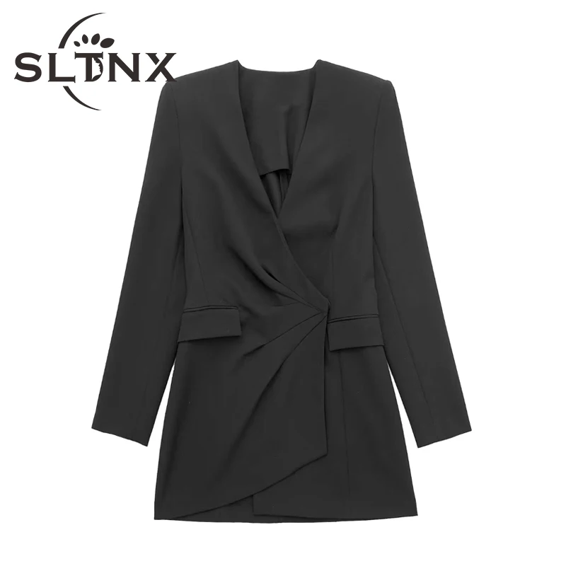 

SLTNX Women's Dresses for Women 2022 Autumn Winter Black Long Sleeve Dresses Female Elegant Coat Short Dress Ladies Mini Dress