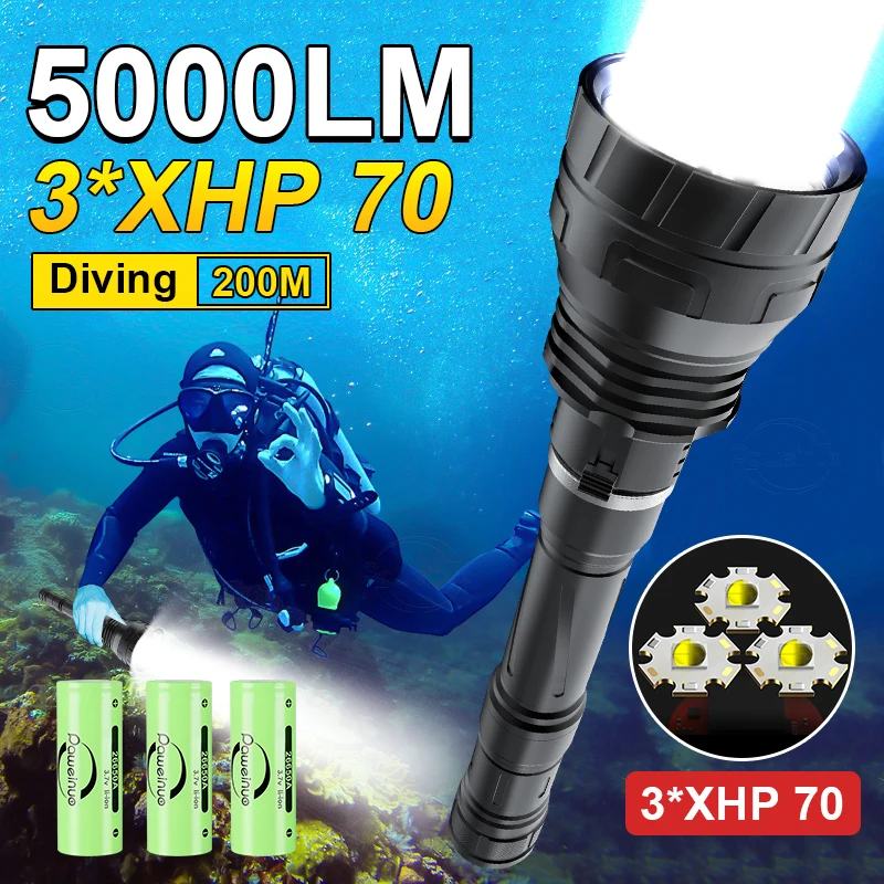 

5000LM Upgrade High Power LED Underwater Lantern Brightest Diving Flashlight 200M Professional Hunting Scuba Diving Torch