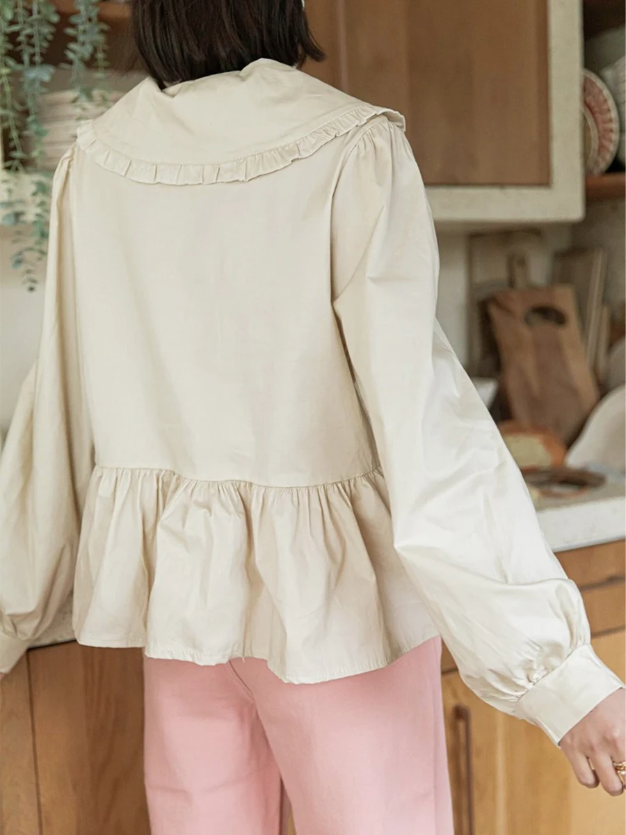 HzDazrl Y2k женская рубашка с баской длинным рукавом Однотонная кукольный воротник