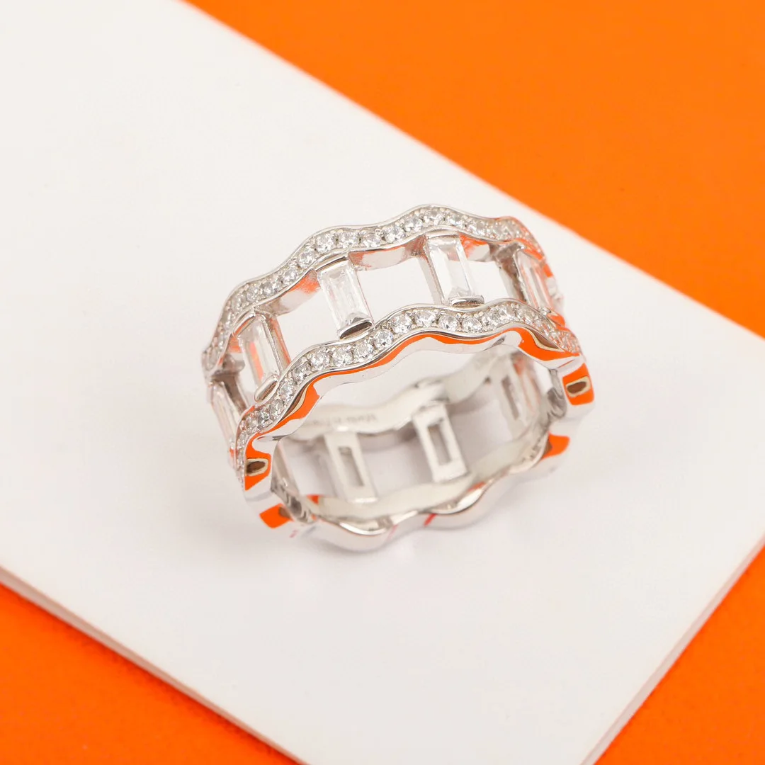 

New Hot Brand Pure 925 Sterling Silver Jewelry For Women Water Wave Rings Wedding Lozenge Hollow Out Design Engagement Geometric